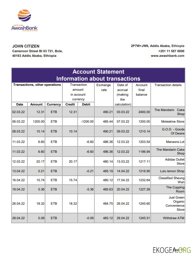 Relevé de la Banque Awash éthiopienne xls
